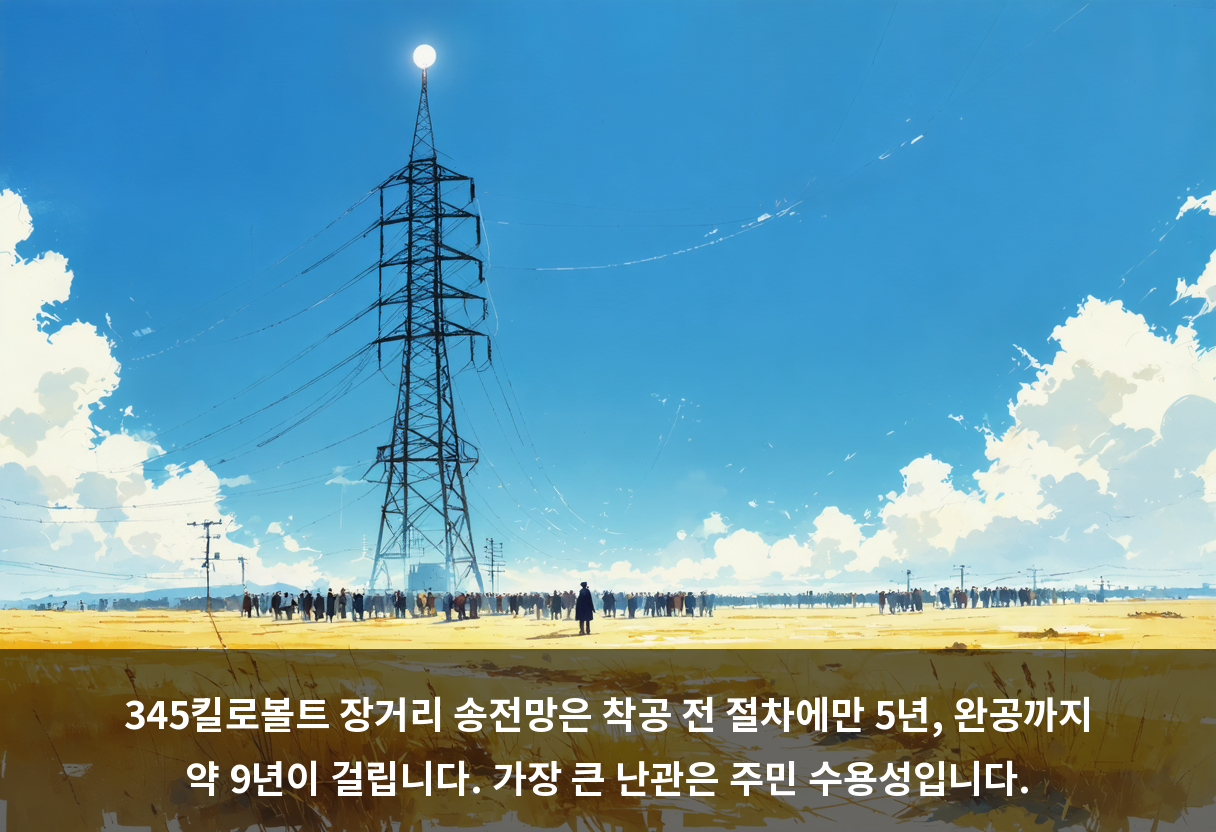 345킬로볼트 장거리 송전망은 착공 전 절차에만 5년, 완공까지 약 9년이 걸립니다. 가장 큰 난관은 주민 수용성입니다.