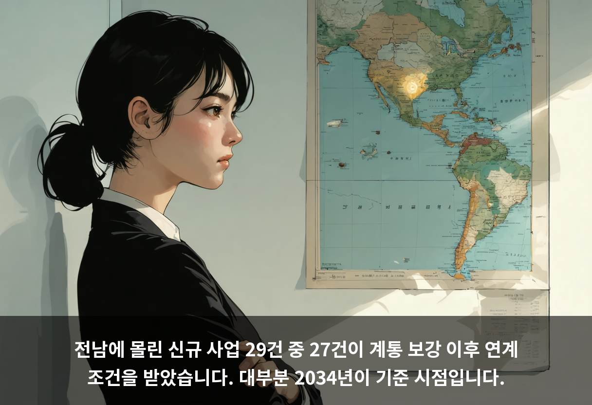 전남에 몰린 신규 사업 29건 중 27건이 계통 보강 이후 연계 조건을 받았습니다. 대부분 2034년이 기준 시점입니다.