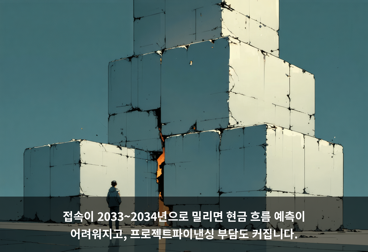 접속이 2033~2034년으로 밀리면 현금 흐름 예측이 어려워지고, 프로젝트파이낸싱 부담도 커집니다.