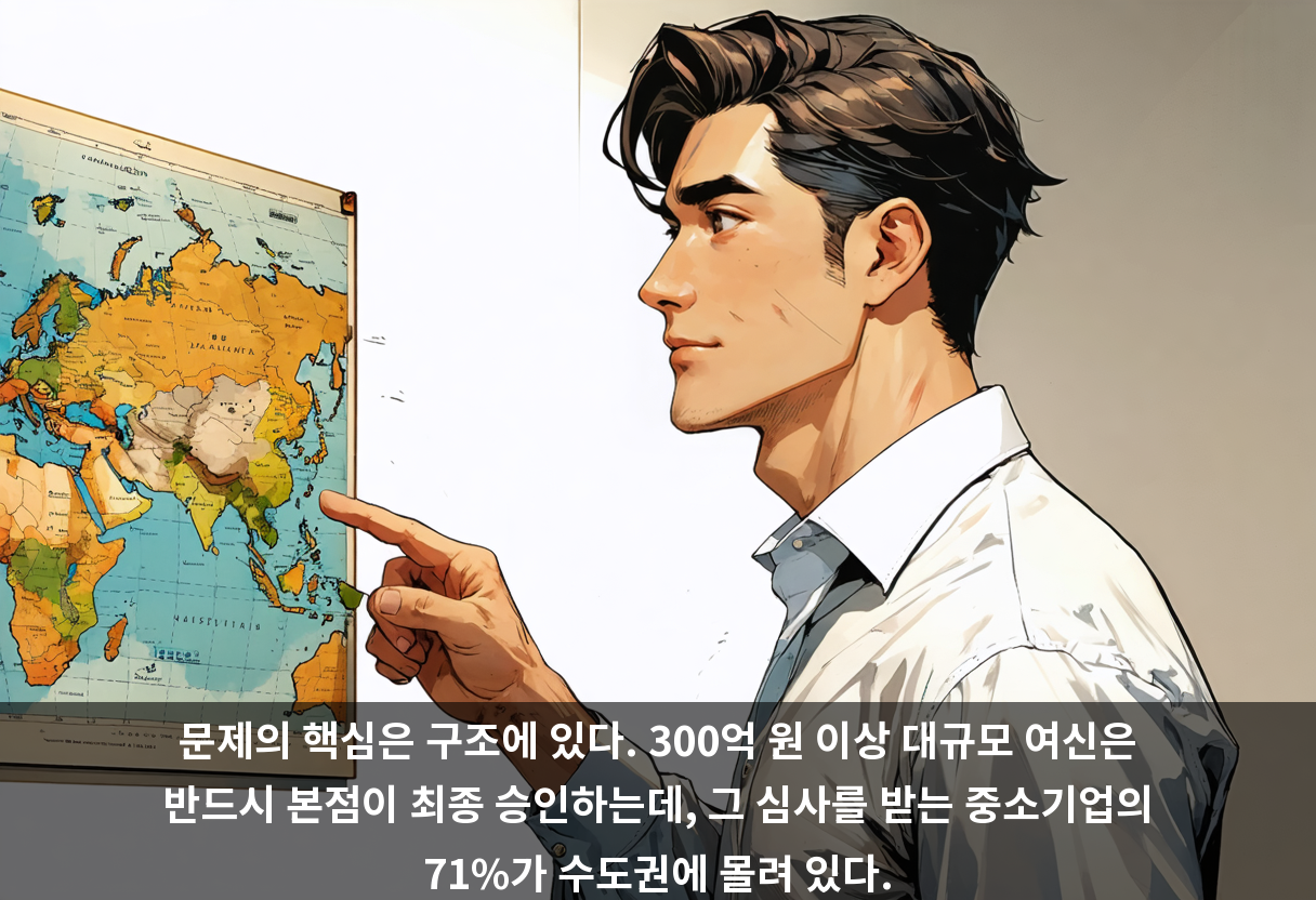 문제의 핵심은 구조에 있다. 300억 원 이상 대규모 여신은 반드시 본점이 최종 승인하는데, 그 심사를 받는 중소기업의 71%가 수도권에 몰려 있다.