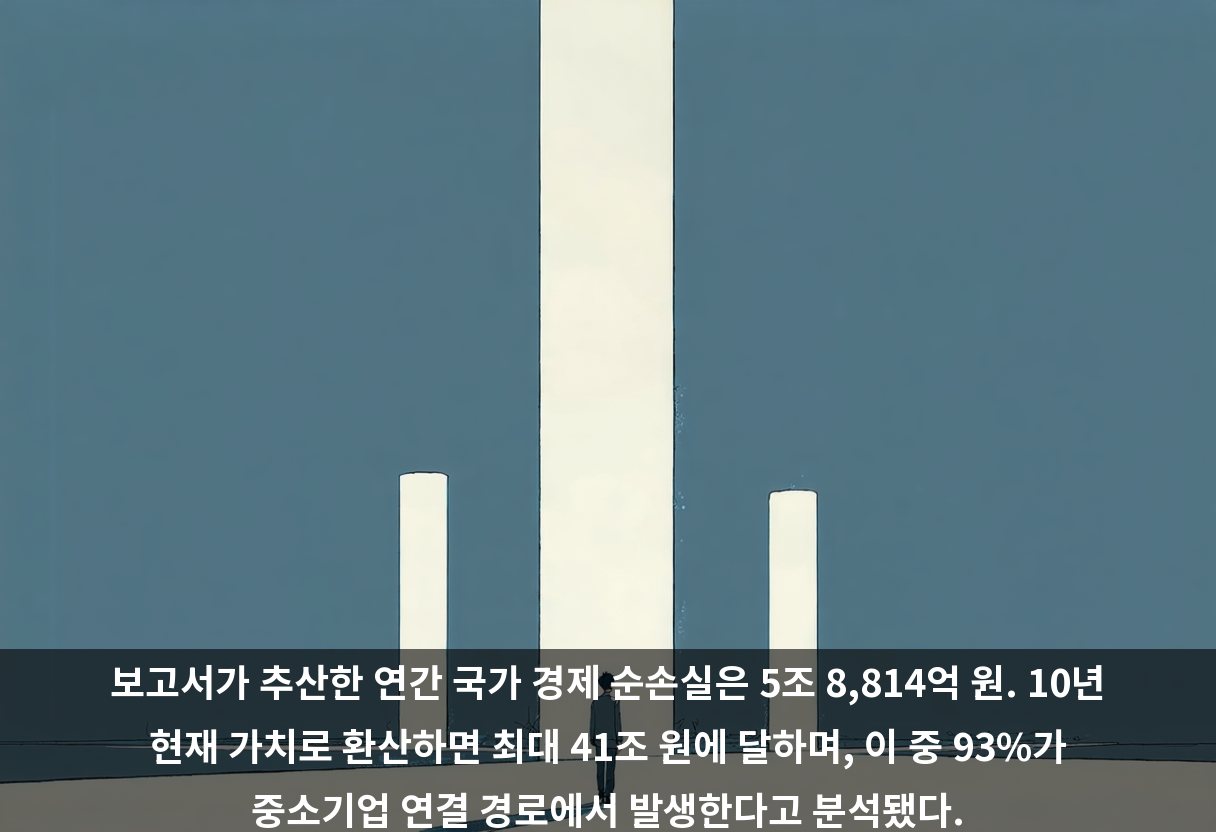 보고서가 추산한 연간 국가 경제 순손실은 5조 8,814억 원. 10년 현재 가치로 환산하면 최대 41조 원에 달하며, 이 중 93%가 중소기업 연결 경로에서 발생한다고 분석됐다.