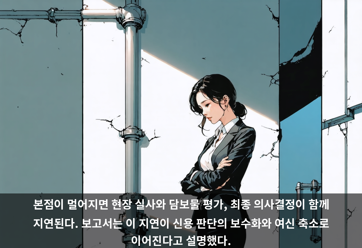 본점이 멀어지면 현장 실사와 담보물 평가, 최종 의사결정이 함께 지연된다. 보고서는 이 지연이 신용 판단의 보수화와 여신 축소로 이어진다고 설명했다.