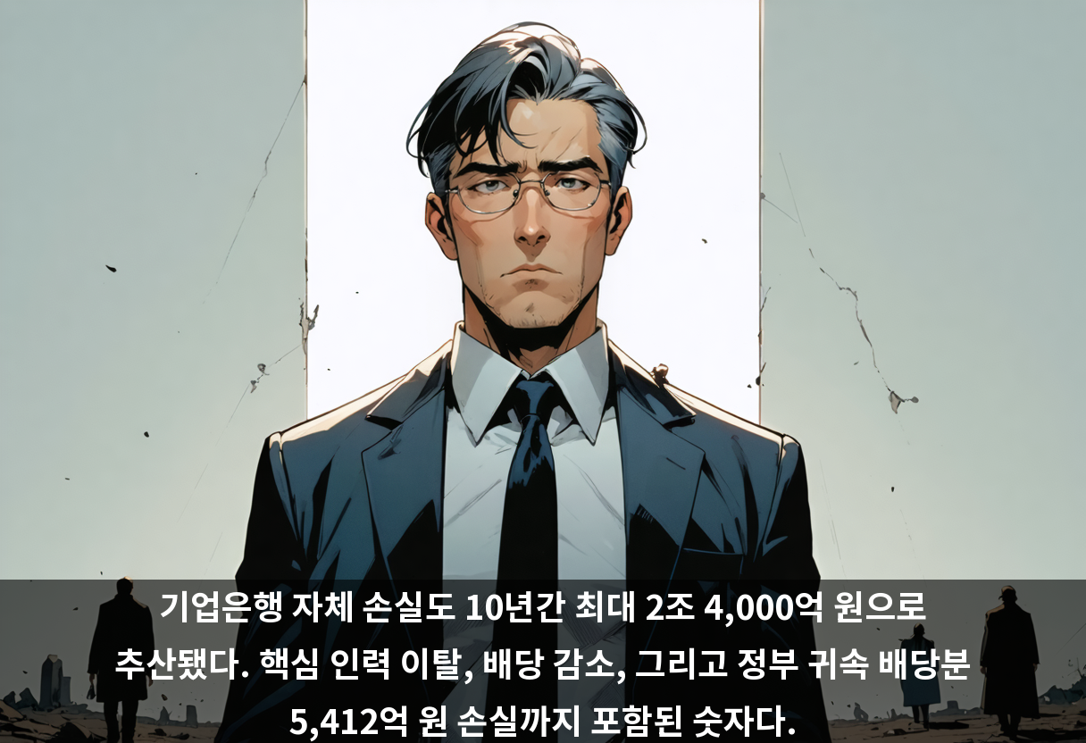 기업은행 자체 손실도 10년간 최대 2조 4,000억 원으로 추산됐다. 핵심 인력 이탈, 배당 감소, 그리고 정부 귀속 배당분 5,412억 원 손실까지 포함된 숫자다.
