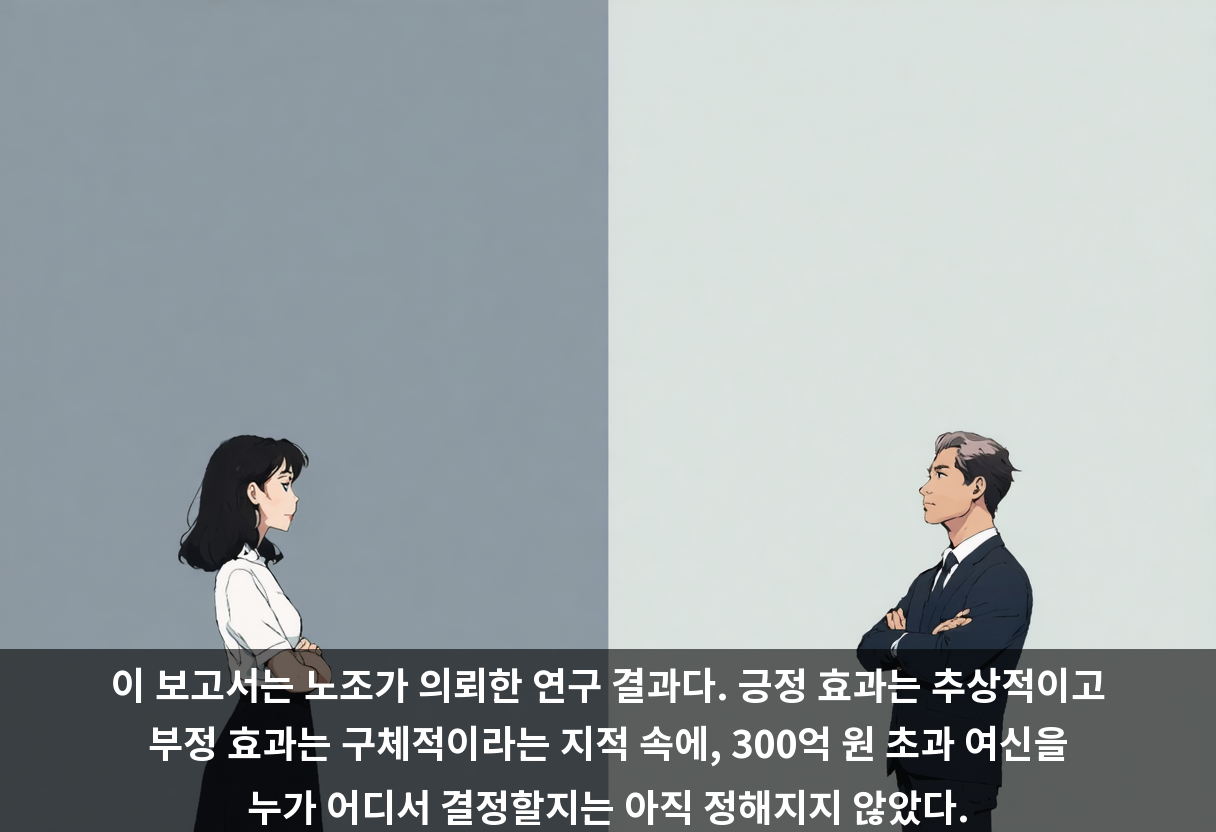 이 보고서는 노조가 의뢰한 연구 결과다. 긍정 효과는 추상적이고 부정 효과는 구체적이라는 지적 속에, 300억 원 초과 여신을 누가 어디서 결정할지는 아직 정해지지 않았다.
