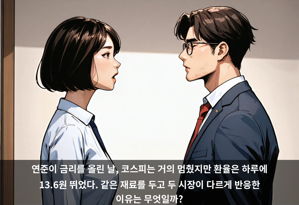 연준이 금리를 올린 날, 코스피는 거의 멈췄지만 환율은 하루에 13.6원 뛰었다. 같은 재료를 두고 두 시장이 다르게 반응한 이유는 무엇일까?