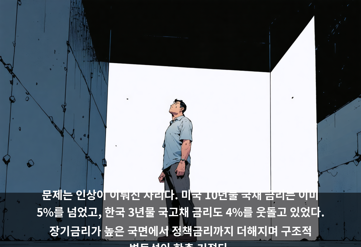 문제는 인상이 이뤄진 자리다. 미국 10년물 국채 금리는 이미 5%를 넘었고, 한국 3년물 국고채 금리도 4%를 웃돌고 있었다. 장기금리가 높은 국면에서 정책금리까지 더해지며 구조적 변동성이 한층 커졌다.