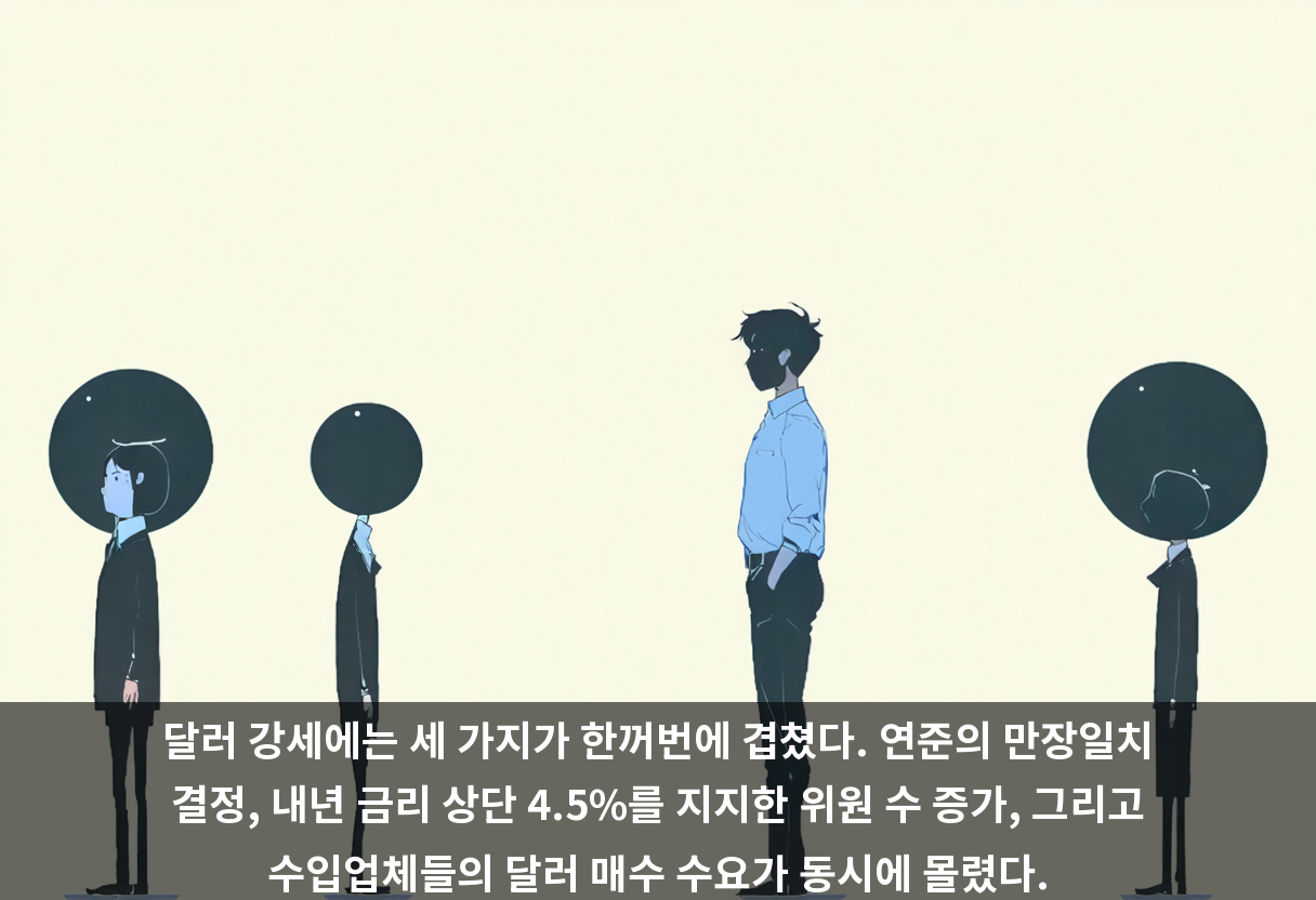 달러 강세에는 세 가지가 한꺼번에 겹쳤다. 연준의 만장일치 결정, 내년 금리 상단 4.5%를 지지한 위원 수 증가, 그리고 수입업체들의 달러 매수 수요가 동시에 몰렸다.