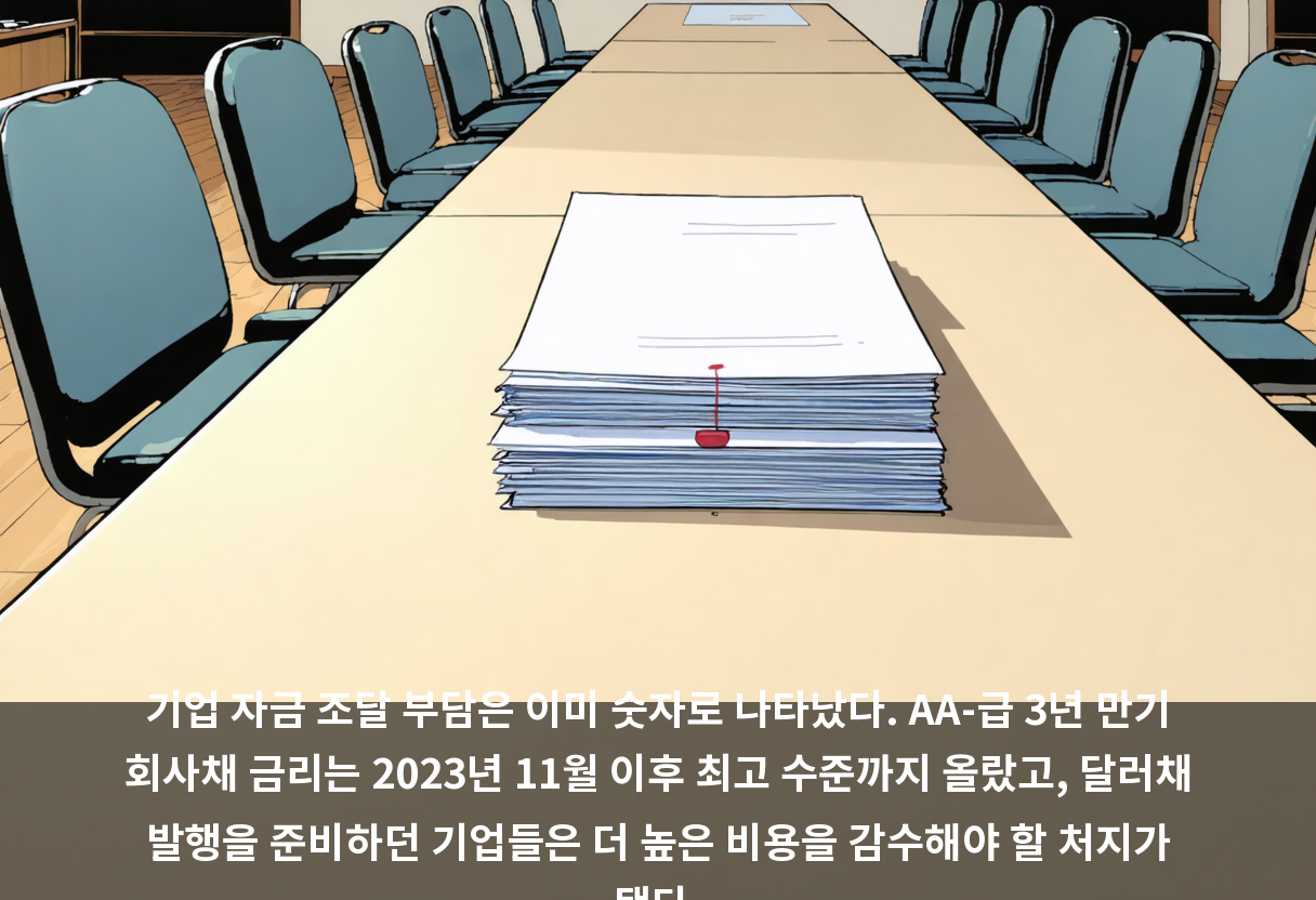 기업 자금 조달 부담은 이미 숫자로 나타났다. AA-급 3년 만기 회사채 금리는 2023년 11월 이후 최고 수준까지 올랐고, 달러채 발행을 준비하던 기업들은 더 높은 비용을 감수해야 할 처지가 됐다.