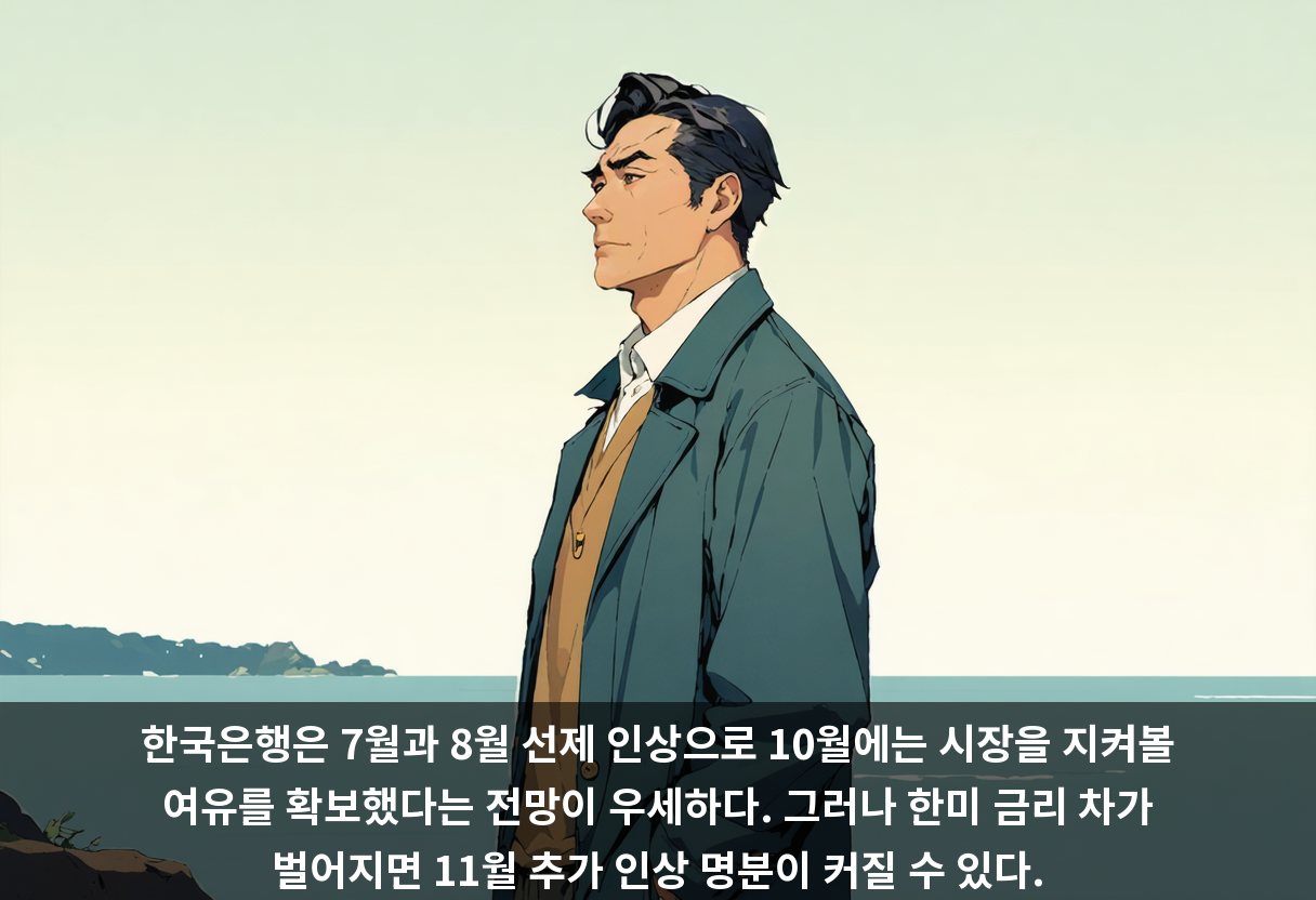 한국은행은 7월과 8월 선제 인상으로 10월에는 시장을 지켜볼 여유를 확보했다는 전망이 우세하다. 그러나 한미 금리 차가 벌어지면 11월 추가 인상 명분이 커질 수 있다.