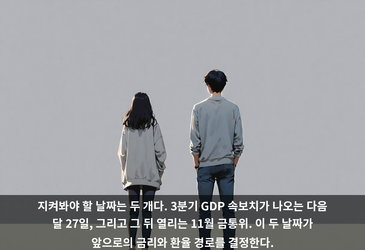 지켜봐야 할 날짜는 두 개다. 3분기 GDP 속보치가 나오는 다음 달 27일, 그리고 그 뒤 열리는 11월 금통위. 이 두 날짜가 앞으로의 금리와 환율 경로를 결정한다.