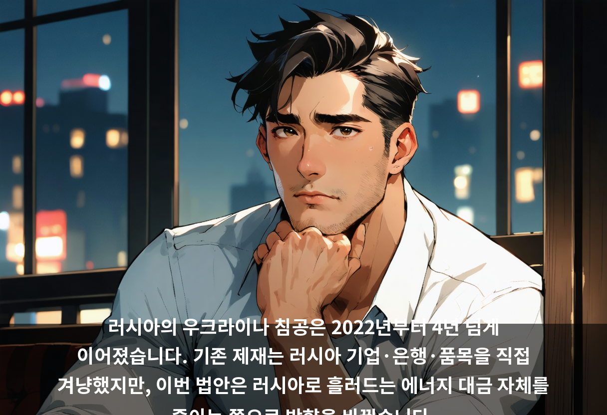 러시아의 우크라이나 침공은 2022년부터 4년 넘게 이어졌습니다. 기존 제재는 러시아 기업·은행·품목을 직접 겨냥했지만, 이번 법안은 러시아로 흘러드는 에너지 대금 자체를 줄이는 쪽으로 방향을 바꿨습니다.