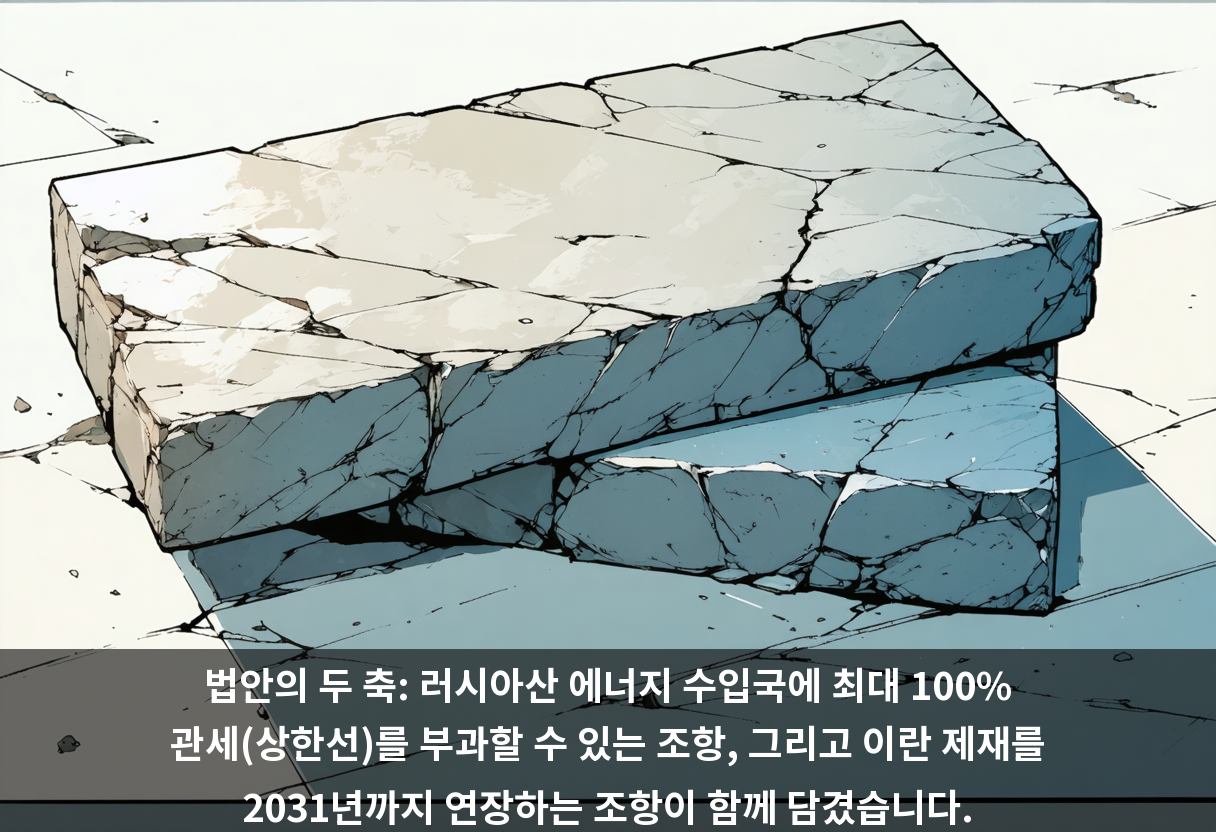 법안의 두 축: 러시아산 에너지 수입국에 최대 100% 관세(상한선)를 부과할 수 있는 조항, 그리고 이란 제재를 2031년까지 연장하는 조항이 함께 담겼습니다.