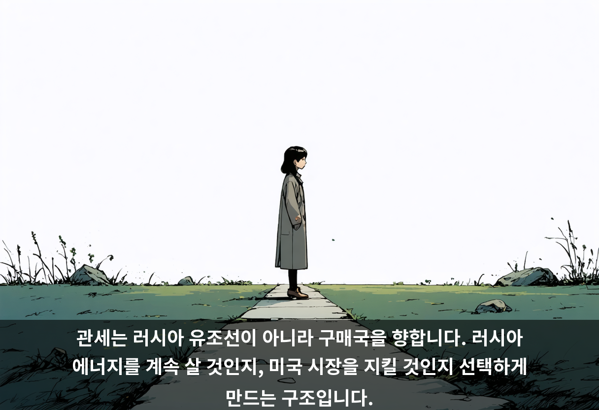 관세는 러시아 유조선이 아니라 구매국을 향합니다. 러시아 에너지를 계속 살 것인지, 미국 시장을 지킬 것인지 선택하게 만드는 구조입니다.