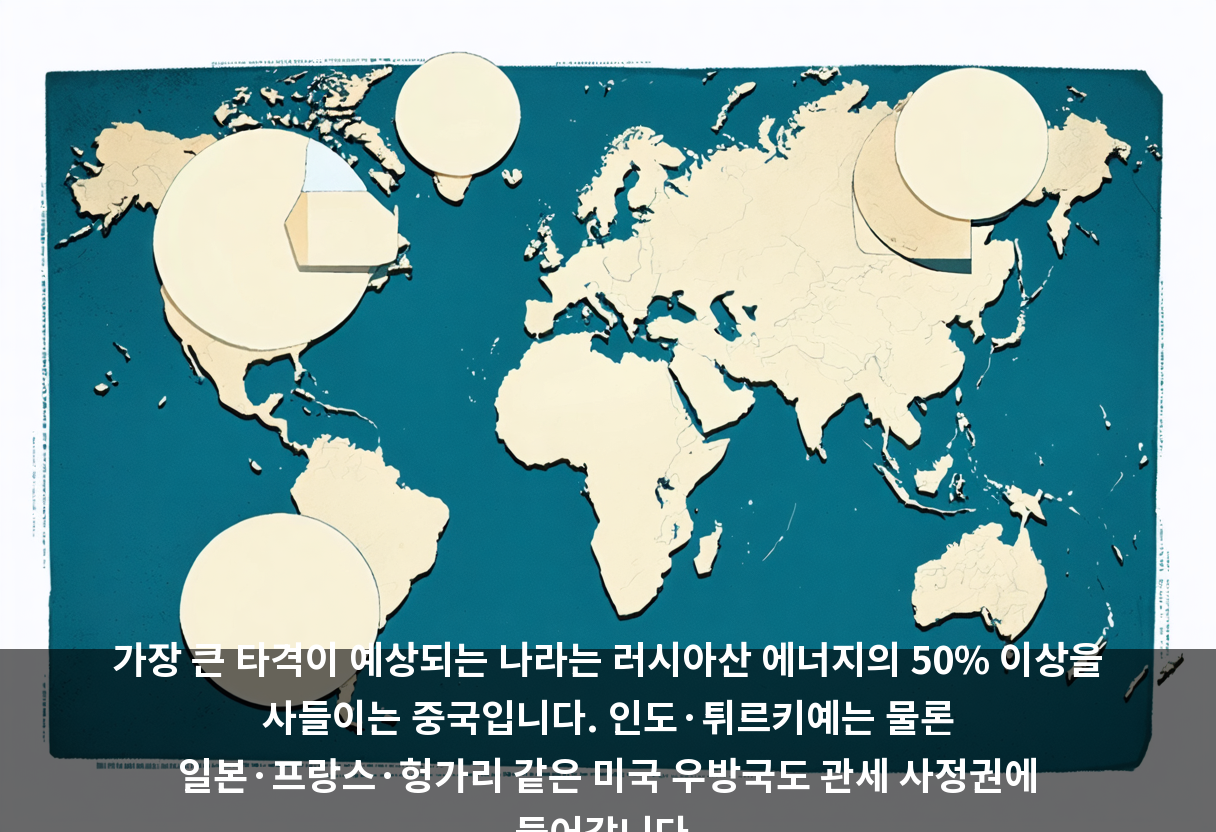 가장 큰 타격이 예상되는 나라는 러시아산 에너지의 50% 이상을 사들이는 중국입니다. 인도·튀르키예는 물론 일본·프랑스·헝가리 같은 미국 우방국도 관세 사정권에 들어갑니다.