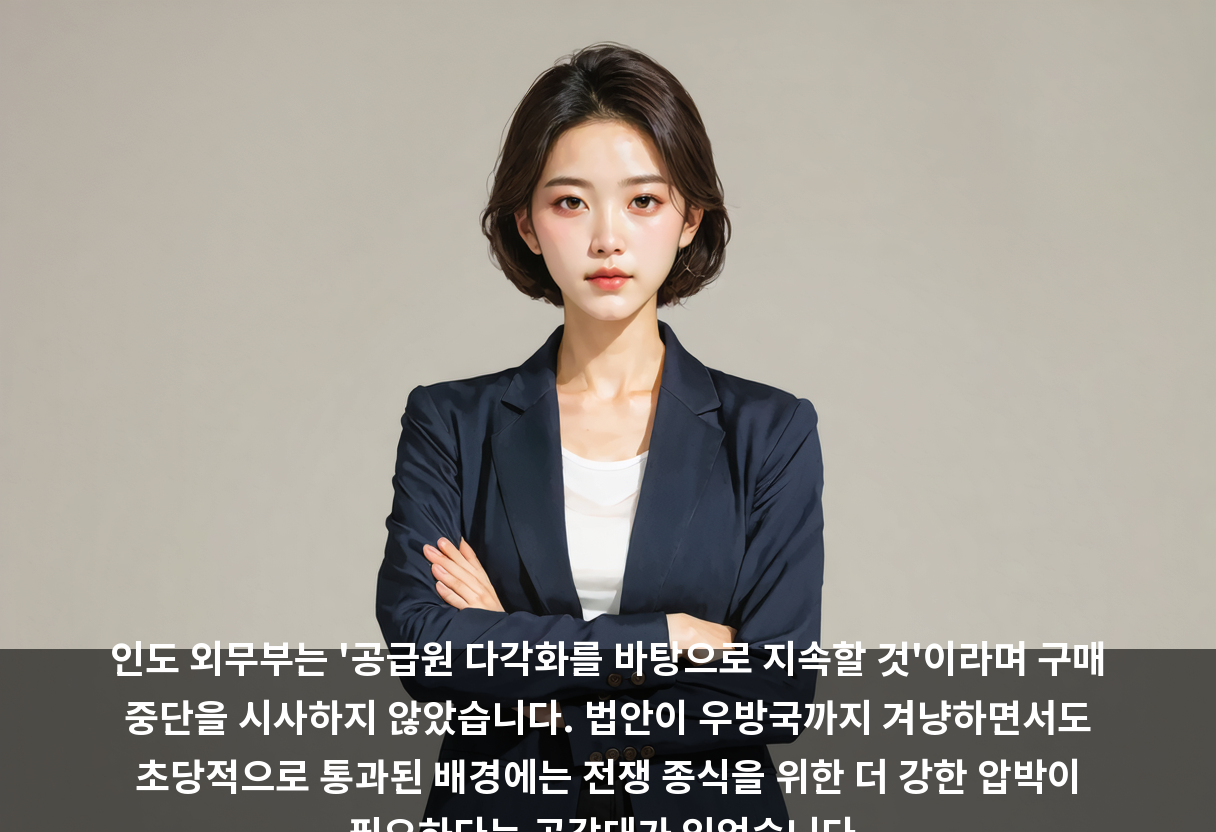 인도 외무부는 '공급원 다각화를 바탕으로 지속할 것'이라며 구매 중단을 시사하지 않았습니다. 법안이 우방국까지 겨냥하면서도 초당적으로 통과된 배경에는 전쟁 종식을 위한 더 강한 압박이 필요하다는 공감대가 있었습니다.