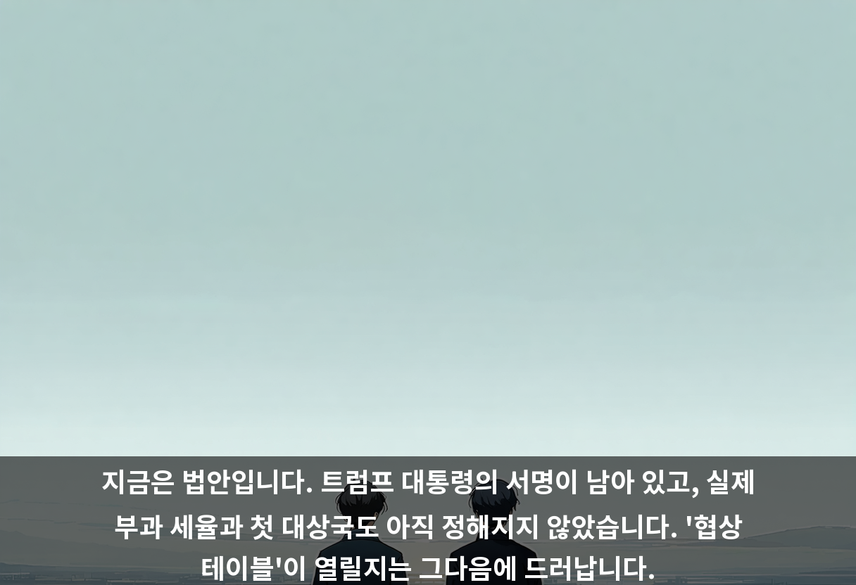 지금은 법안입니다. 트럼프 대통령의 서명이 남아 있고, 실제 부과 세율과 첫 대상국도 아직 정해지지 않았습니다. '협상 테이블'이 열릴지는 그다음에 드러납니다.