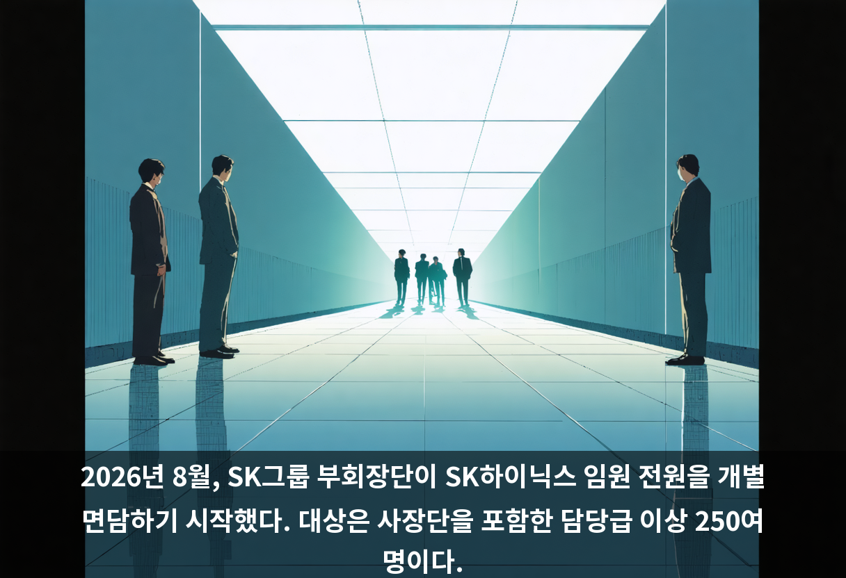 2026년 8월, SK그룹 부회장단이 SK하이닉스 임원 전원을 개별 면담하기 시작했다. 대상은 사장단을 포함한 담당급 이상 250여 명이다.