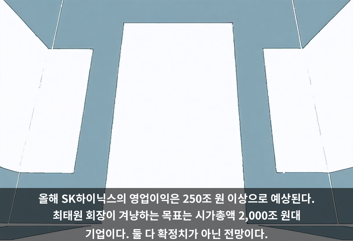 올해 SK하이닉스의 영업이익은 250조 원 이상으로 예상된다. 최태원 회장이 겨냥하는 목표는 시가총액 2,000조 원대 기업이다. 둘 다 확정치가 아닌 전망이다.