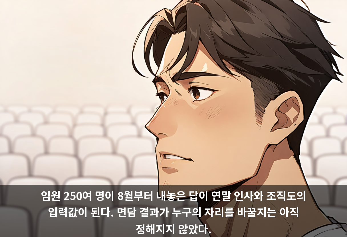 임원 250여 명이 8월부터 내놓은 답이 연말 인사와 조직도의 입력값이 된다. 면담 결과가 누구의 자리를 바꿀지는 아직 정해지지 않았다.