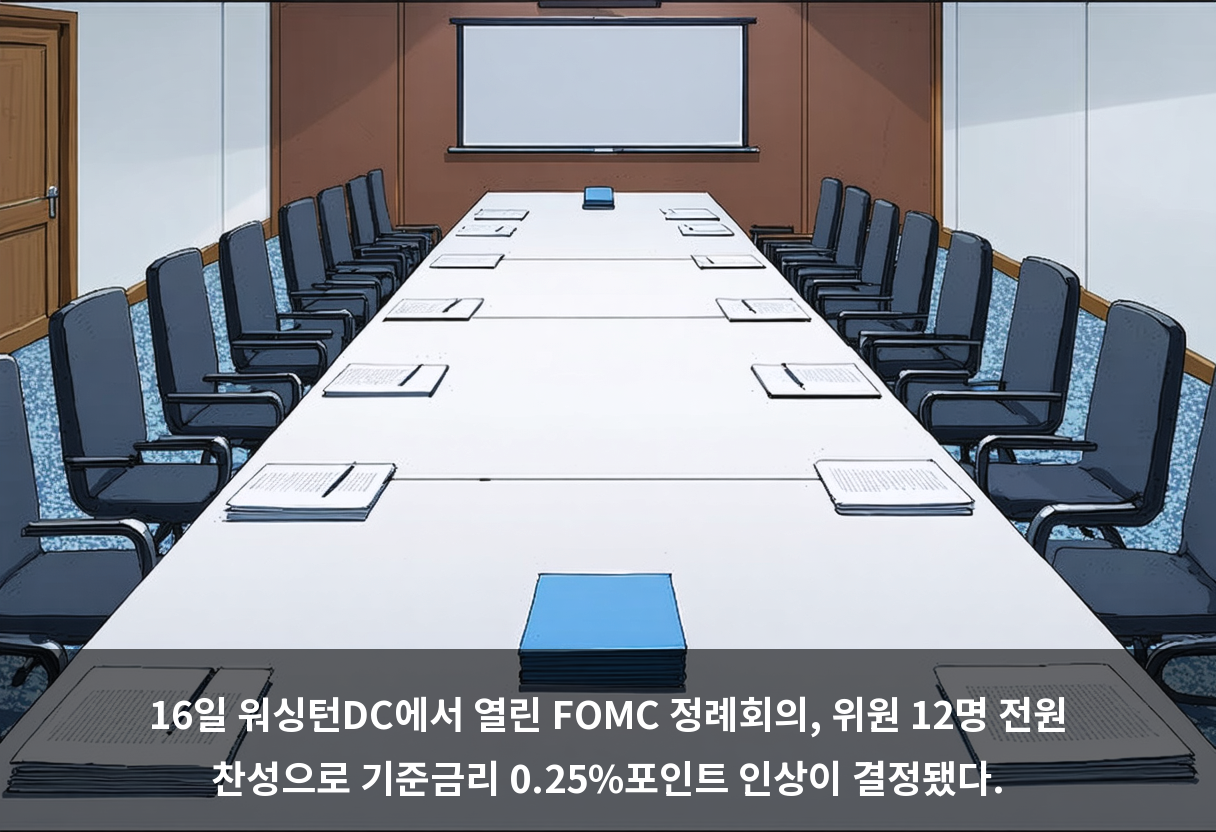 16일 워싱턴DC에서 열린 FOMC 정례회의, 위원 12명 전원 찬성으로 기준금리 0.25%포인트 인상이 결정됐다.
