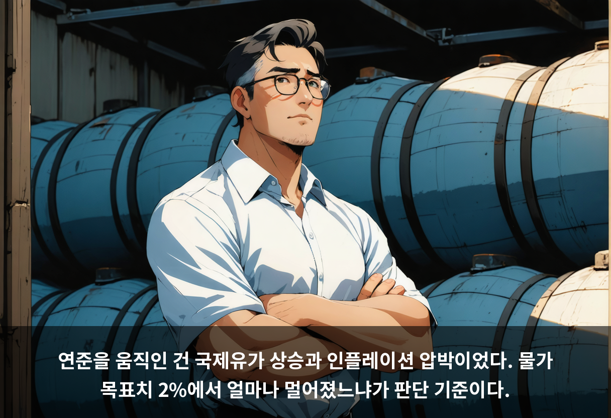 연준을 움직인 건 국제유가 상승과 인플레이션 압박이었다. 물가 목표치 2%에서 얼마나 멀어졌느냐가 판단 기준이다.