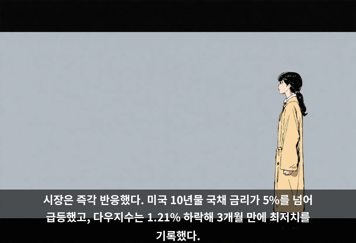 시장은 즉각 반응했다. 미국 10년물 국채 금리가 5%를 넘어 급등했고, 다우지수는 1.21% 하락해 3개월 만에 최저치를 기록했다.