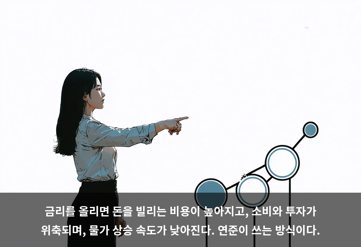 금리를 올리면 돈을 빌리는 비용이 높아지고, 소비와 투자가 위축되며, 물가 상승 속도가 낮아진다. 연준이 쓰는 방식이다.