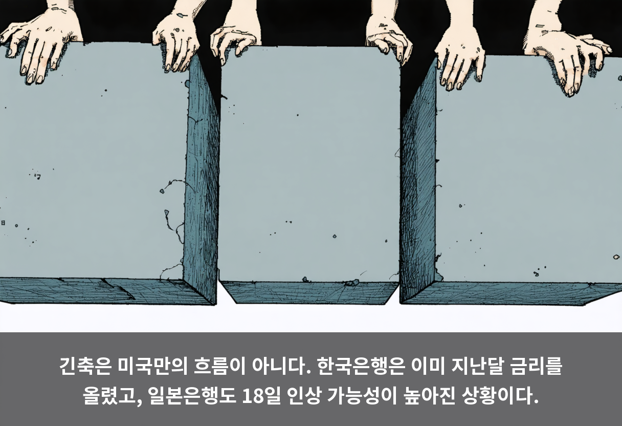 긴축은 미국만의 흐름이 아니다. 한국은행은 이미 지난달 금리를 올렸고, 일본은행도 18일 인상 가능성이 높아진 상황이다.