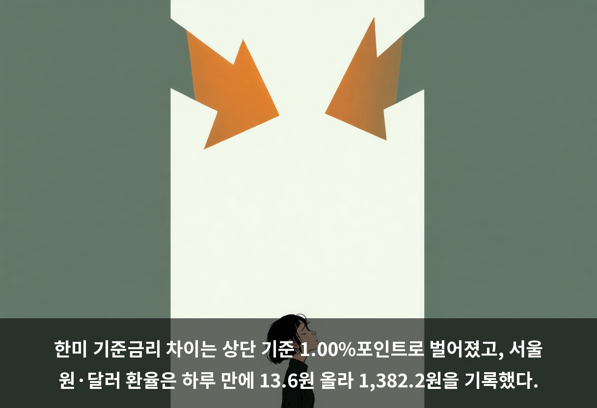 한미 기준금리 차이는 상단 기준 1.00%포인트로 벌어졌고, 서울 원·달러 환율은 하루 만에 13.6원 올라 1,382.2원을 기록했다.