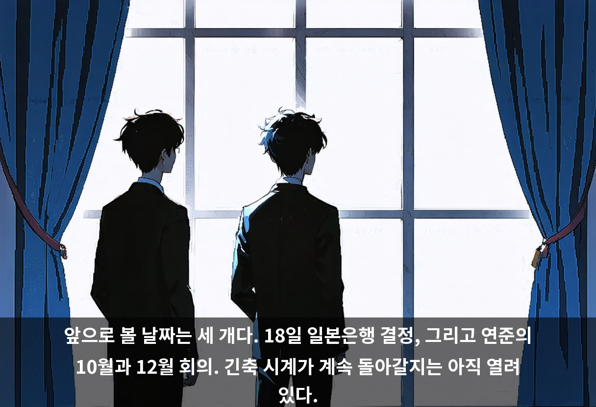앞으로 볼 날짜는 세 개다. 18일 일본은행 결정, 그리고 연준의 10월과 12월 회의. 긴축 시계가 계속 돌아갈지는 아직 열려 있다.