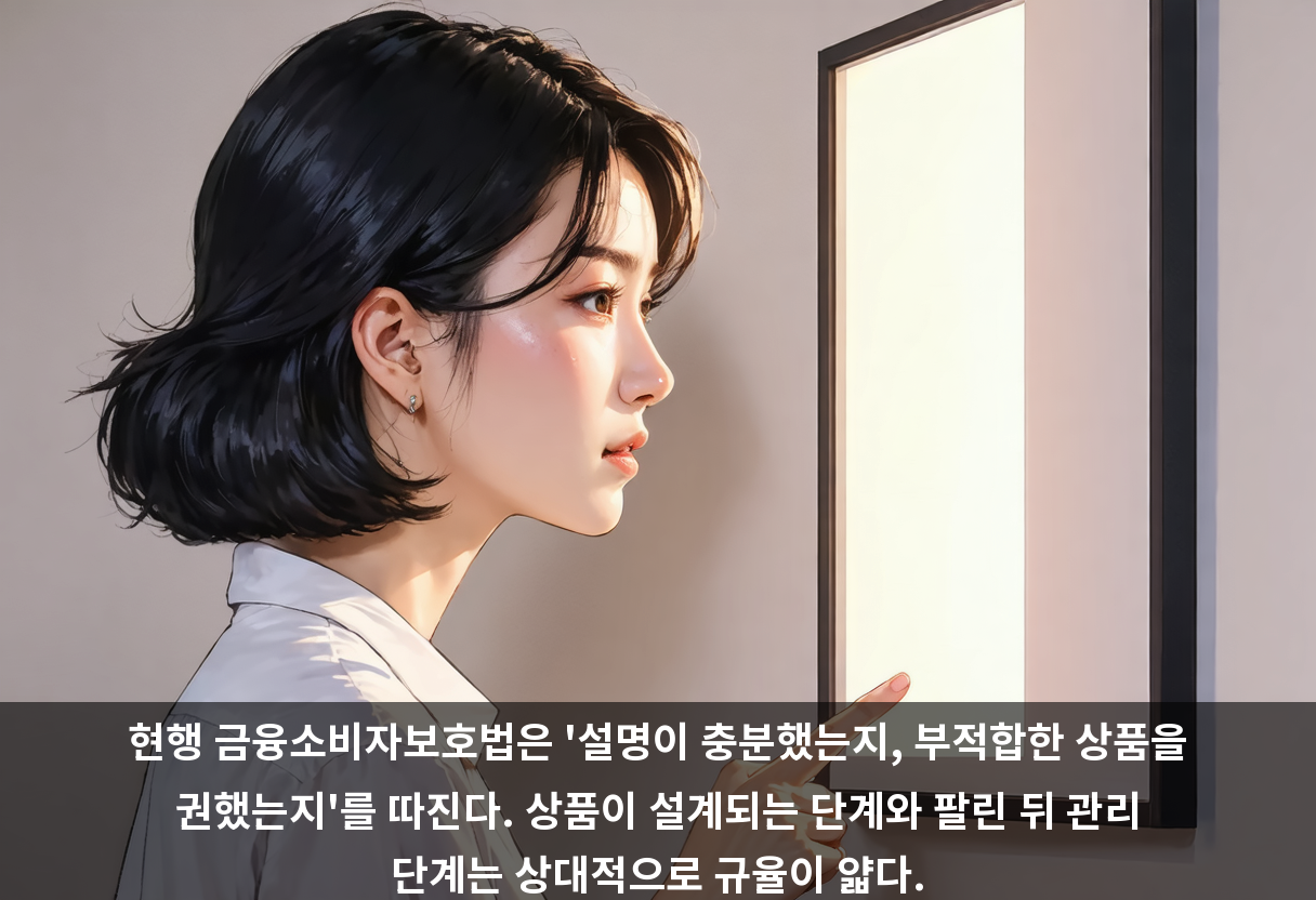 현행 금융소비자보호법은 '설명이 충분했는지, 부적합한 상품을 권했는지'를 따진다. 상품이 설계되는 단계와 팔린 뒤 관리 단계는 상대적으로 규율이 얇다.