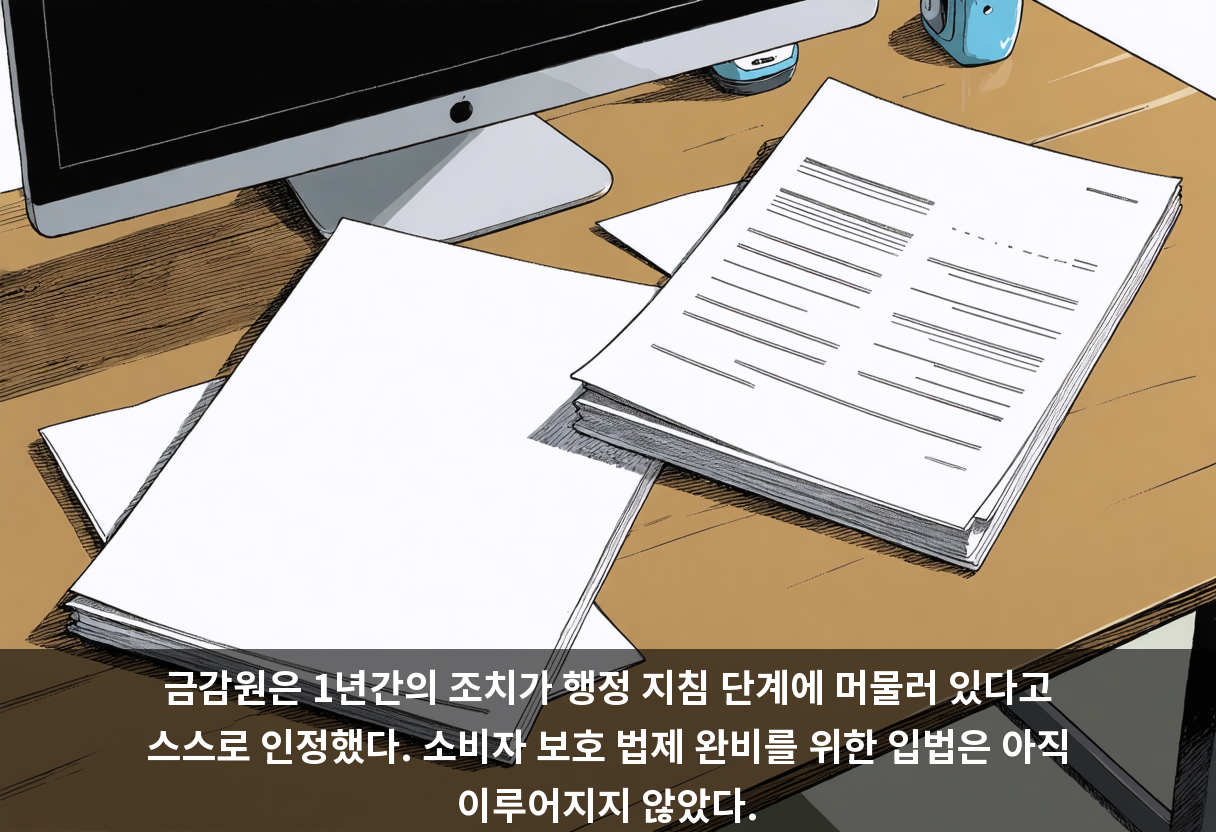 금감원은 1년간의 조치가 행정 지침 단계에 머물러 있다고 스스로 인정했다. 소비자 보호 법제 완비를 위한 입법은 아직 이루어지지 않았다.
