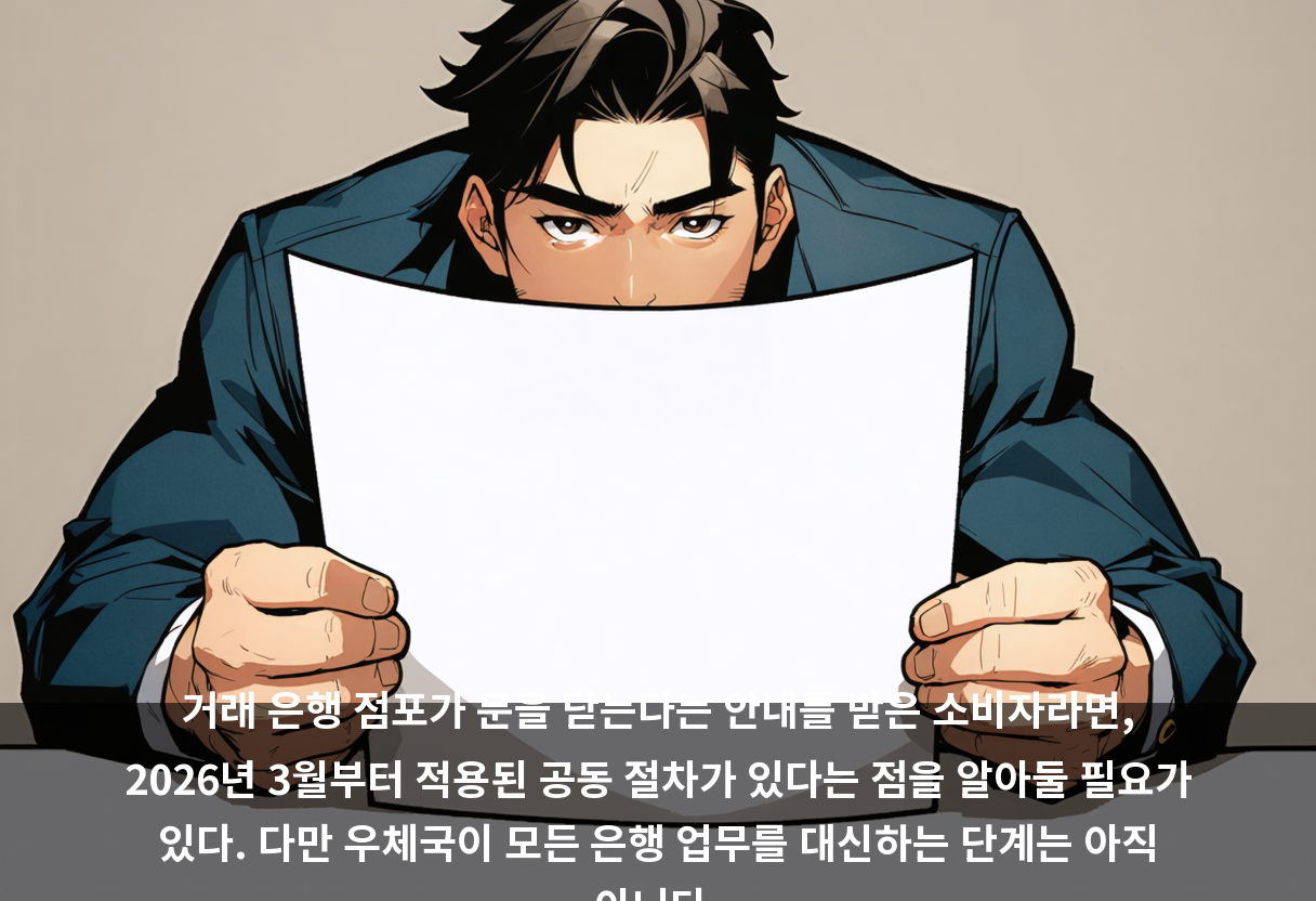 거래 은행 점포가 문을 닫는다는 안내를 받은 소비자라면, 2026년 3월부터 적용된 공동 절차가 있다는 점을 알아둘 필요가 있다. 다만 우체국이 모든 은행 업무를 대신하는 단계는 아직 아니다.