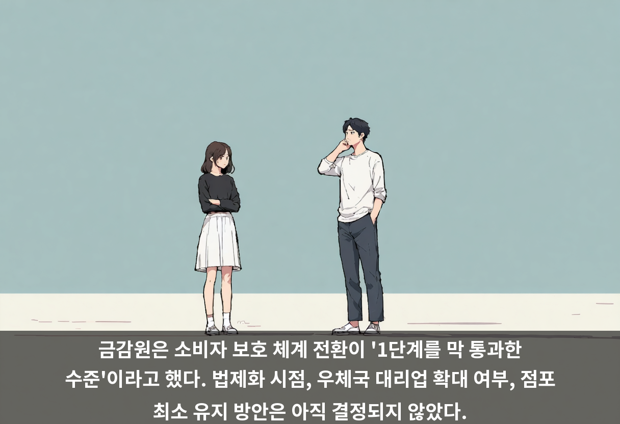 금감원은 소비자 보호 체계 전환이 '1단계를 막 통과한 수준'이라고 했다. 법제화 시점, 우체국 대리업 확대 여부, 점포 최소 유지 방안은 아직 결정되지 않았다.
