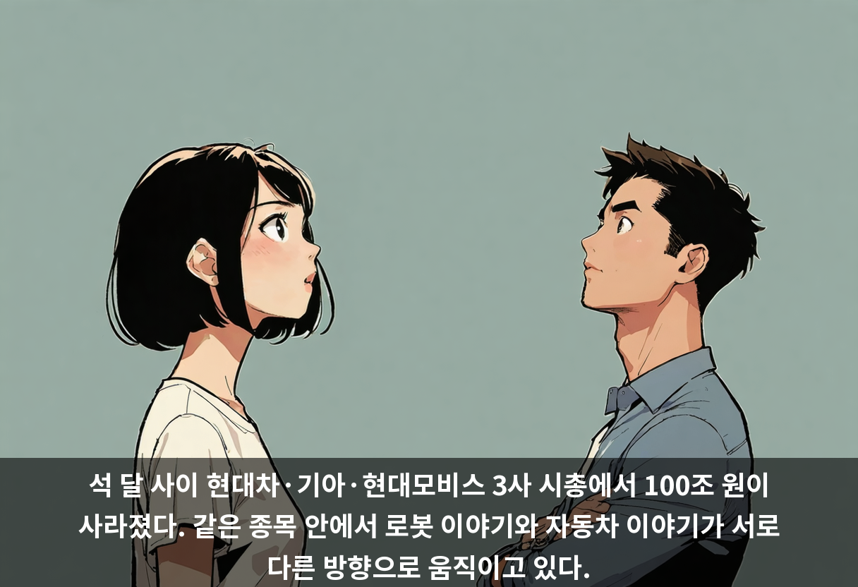 석 달 사이 현대차·기아·현대모비스 3사 시총에서 100조 원이 사라졌다. 같은 종목 안에서 로봇 이야기와 자동차 이야기가 서로 다른 방향으로 움직이고 있다.