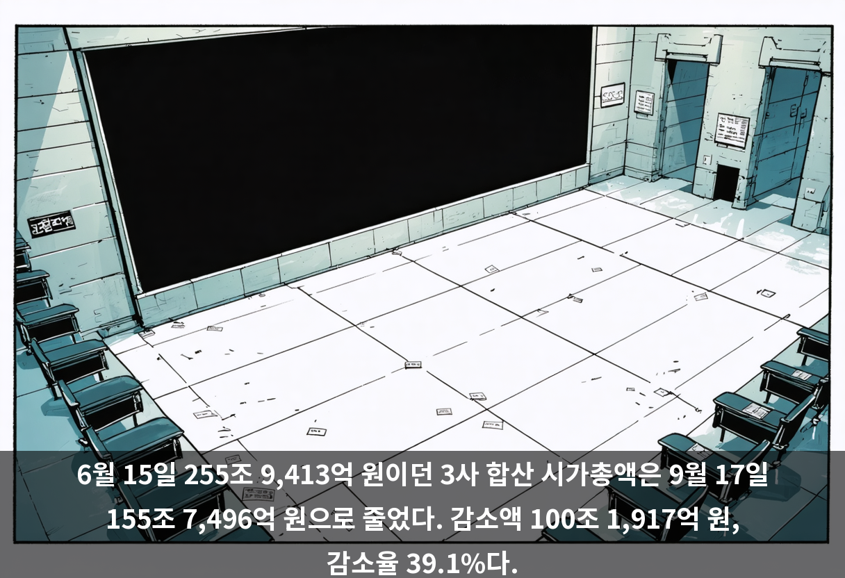 6월 15일 255조 9,413억 원이던 3사 합산 시가총액은 9월 17일 155조 7,496억 원으로 줄었다. 감소액 100조 1,917억 원, 감소율 39.1%다.