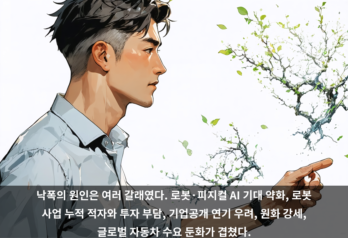 낙폭의 원인은 여러 갈래였다. 로봇·피지컬 AI 기대 약화, 로봇 사업 누적 적자와 투자 부담, 기업공개 연기 우려, 원화 강세, 글로벌 자동차 수요 둔화가 겹쳤다.