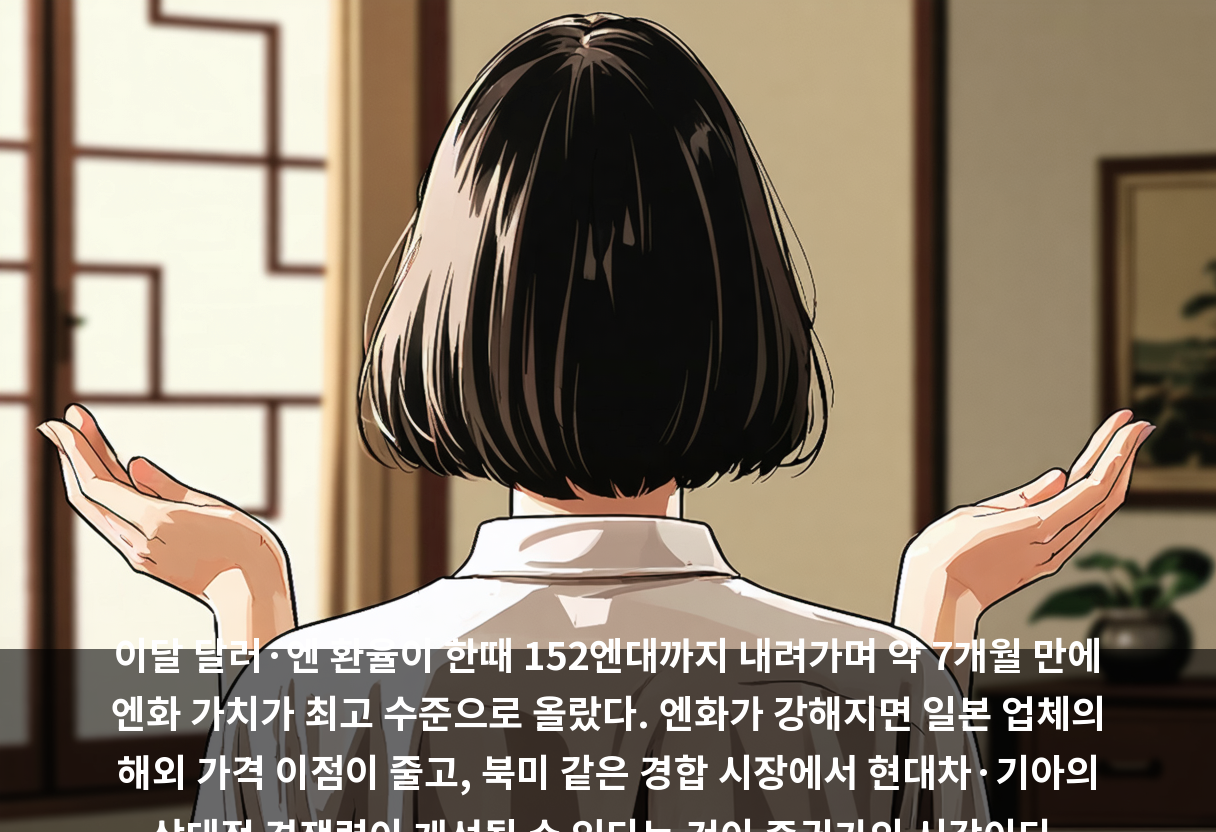이달 달러·엔 환율이 한때 152엔대까지 내려가며 약 7개월 만에 엔화 가치가 최고 수준으로 올랐다. 엔화가 강해지면 일본 업체의 해외 가격 이점이 줄고, 북미 같은 경합 시장에서 현대차·기아의 상대적 경쟁력이 개선될 수 있다는 것이 증권가의 시각이다.
