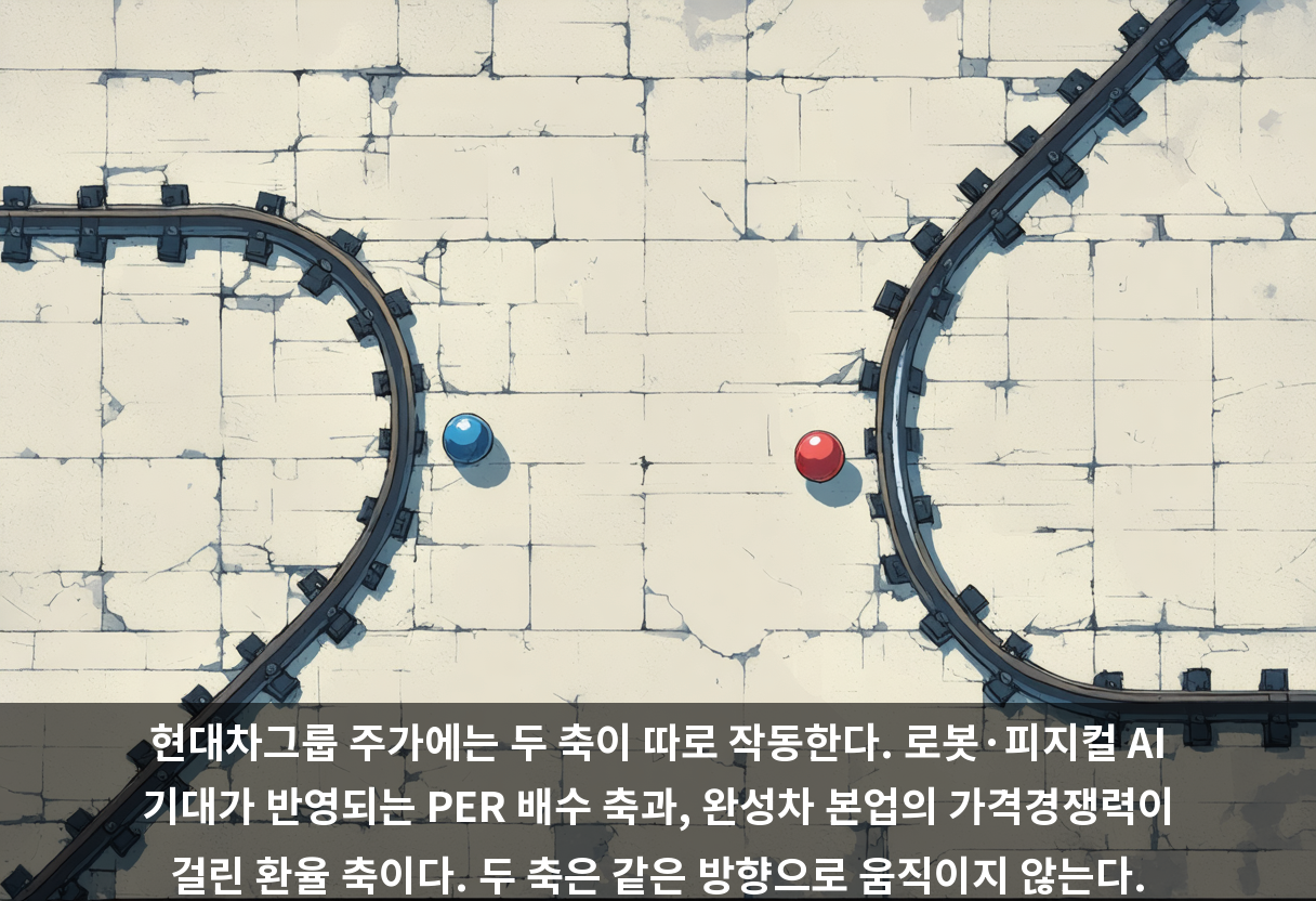 현대차그룹 주가에는 두 축이 따로 작동한다. 로봇·피지컬 AI 기대가 반영되는 PER 배수 축과, 완성차 본업의 가격경쟁력이 걸린 환율 축이다. 두 축은 같은 방향으로 움직이지 않는다.