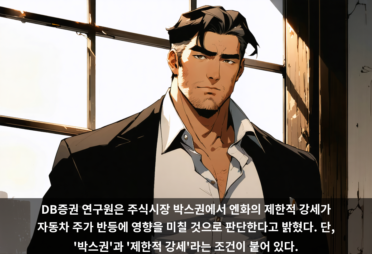 DB증권 연구원은 주식시장 박스권에서 엔화의 제한적 강세가 자동차 주가 반등에 영향을 미칠 것으로 판단한다고 밝혔다. 단, '박스권'과 '제한적 강세'라는 조건이 붙어 있다.