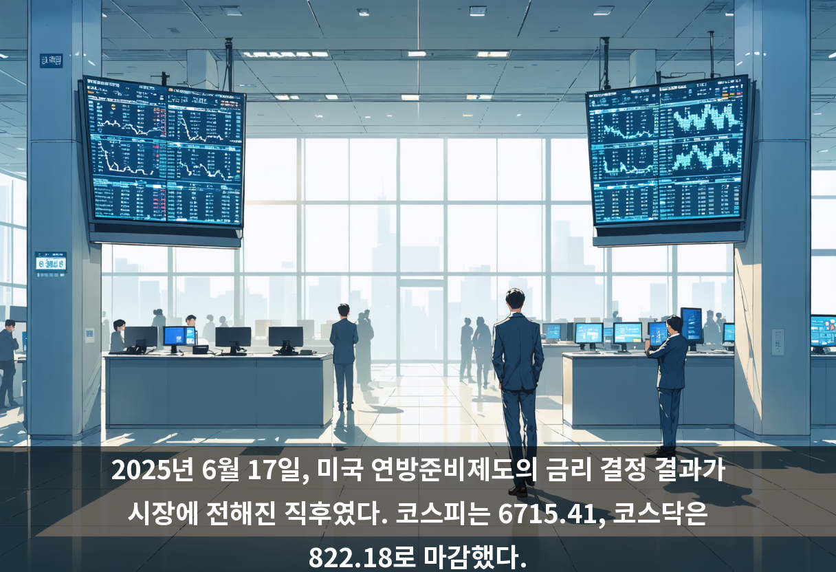 2025년 6월 17일, 미국 연방준비제도의 금리 결정 결과가 시장에 전해진 직후였다. 코스피는 6715.41, 코스닥은 822.18로 마감했다.