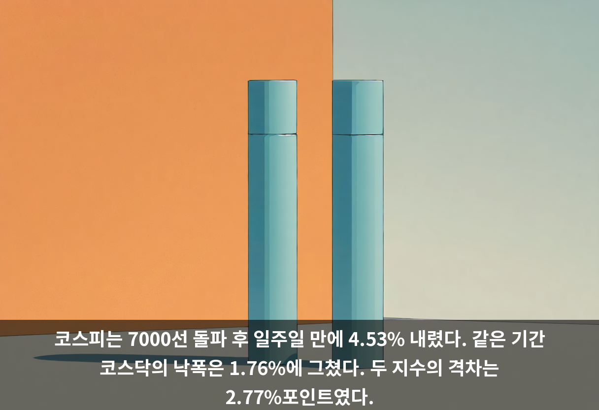코스피는 7000선 돌파 후 일주일 만에 4.53% 내렸다. 같은 기간 코스닥의 낙폭은 1.76%에 그쳤다. 두 지수의 격차는 2.77%포인트였다.