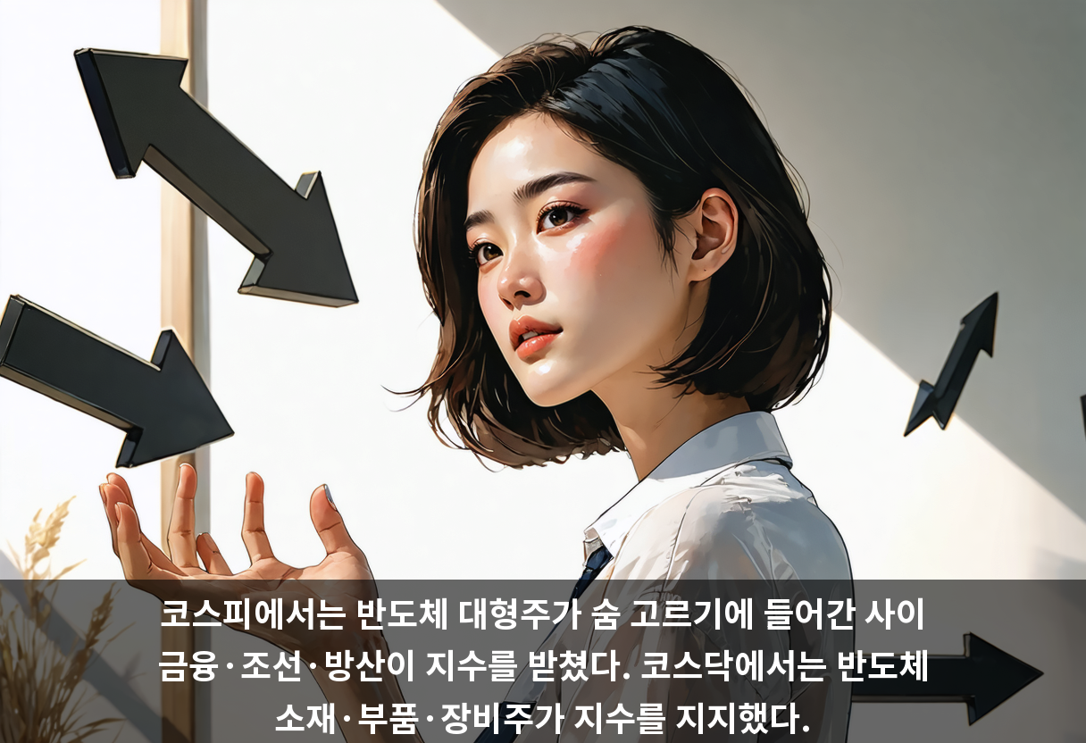 코스피에서는 반도체 대형주가 숨 고르기에 들어간 사이 금융·조선·방산이 지수를 받쳤다. 코스닥에서는 반도체 소재·부품·장비주가 지수를 지지했다.