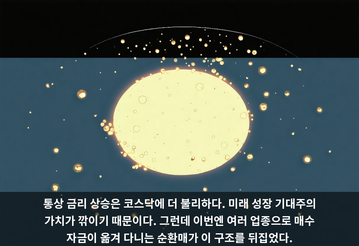 통상 금리 상승은 코스닥에 더 불리하다. 미래 성장 기대주의 가치가 깎이기 때문이다. 그런데 이번엔 여러 업종으로 매수 자금이 옮겨 다니는 순환매가 이 구조를 뒤집었다.