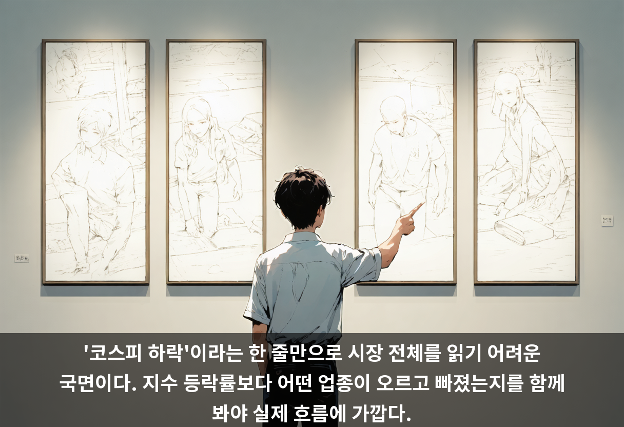 '코스피 하락'이라는 한 줄만으로 시장 전체를 읽기 어려운 국면이다. 지수 등락률보다 어떤 업종이 오르고 빠졌는지를 함께 봐야 실제 흐름에 가깝다.