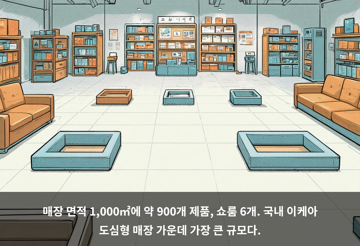 매장 면적 1,000㎡에 약 900개 제품, 쇼룸 6개. 국내 이케아 도심형 매장 가운데 가장 큰 규모다.