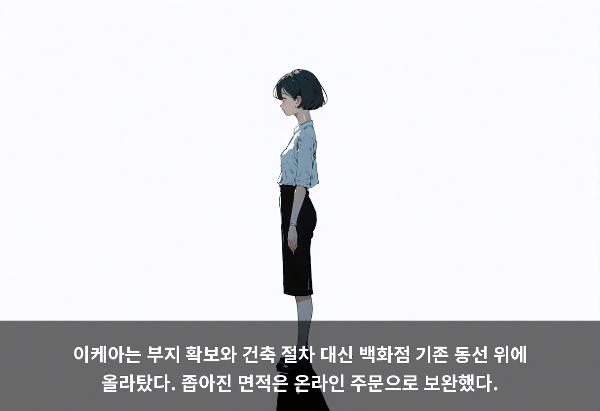 이케아는 부지 확보와 건축 절차 대신 백화점 기존 동선 위에 올라탔다. 좁아진 면적은 온라인 주문으로 보완했다.