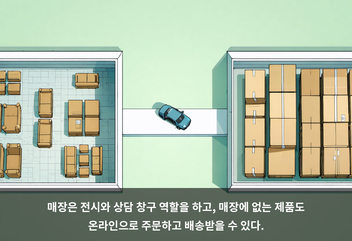 매장은 전시와 상담 창구 역할을 하고, 매장에 없는 제품도 온라인으로 주문하고 배송받을 수 있다.