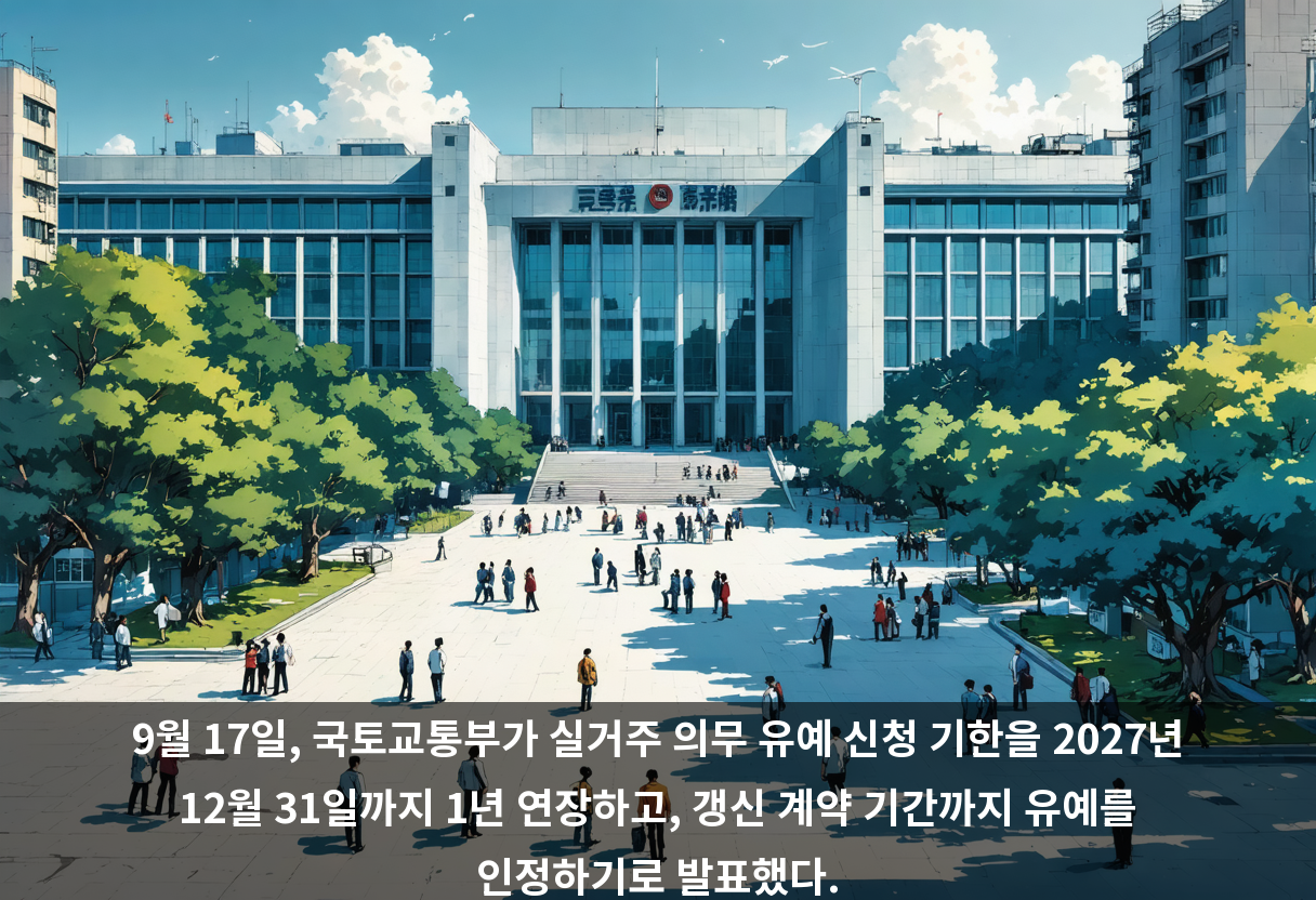 9월 17일, 국토교통부가 실거주 의무 유예 신청 기한을 2027년 12월 31일까지 1년 연장하고, 갱신 계약 기간까지 유예를 인정하기로 발표했다.