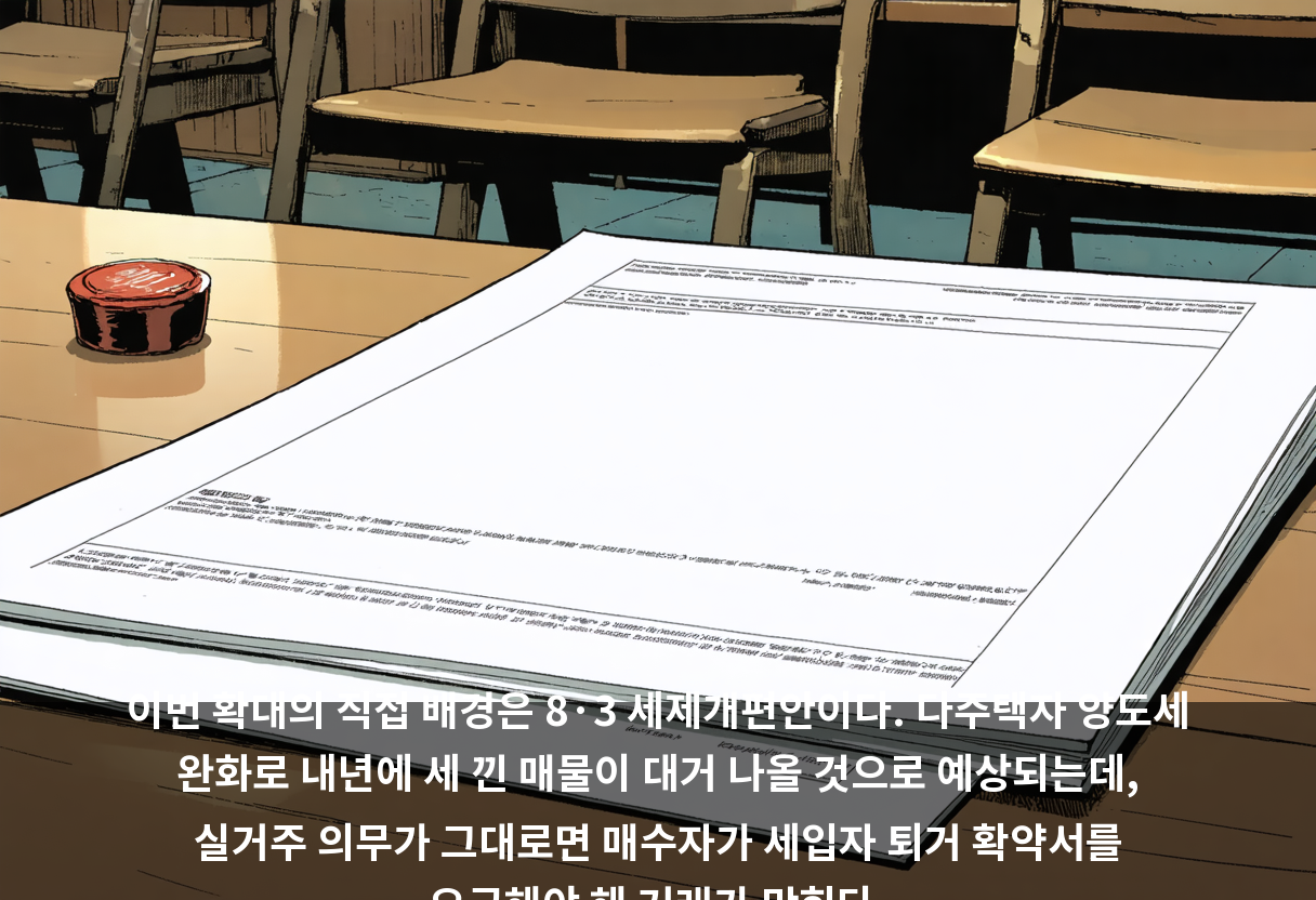 이번 확대의 직접 배경은 8·3 세제개편안이다. 다주택자 양도세 완화로 내년에 세 낀 매물이 대거 나올 것으로 예상되는데, 실거주 의무가 그대로면 매수자가 세입자 퇴거 확약서를 요구해야 해 거래가 막힌다.